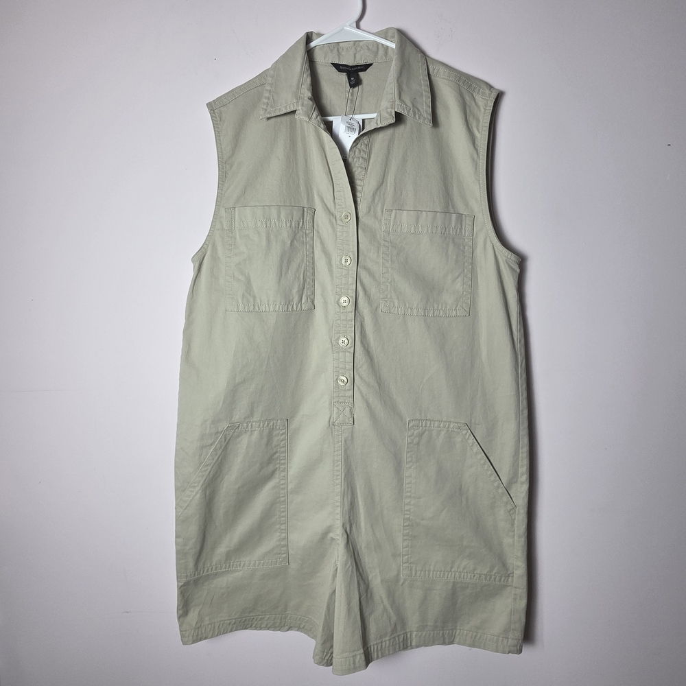 Banana Republic Sleeveless Utility Romper Khaki Button Front Pockets Size Medium
